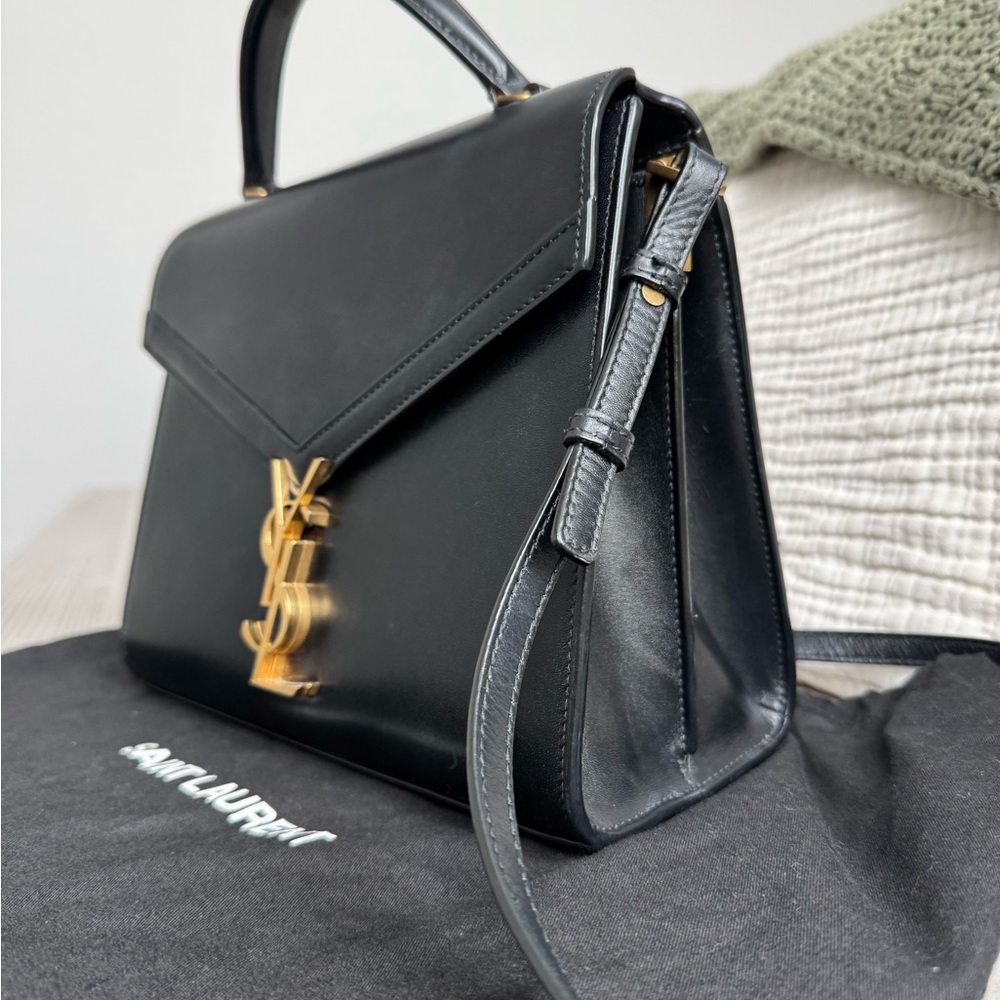 Cassandra Saint Laurent YSL Medium Black Top Handle Bag with Gold Accents